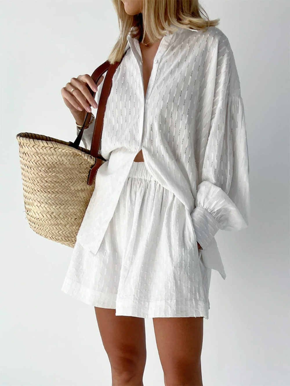 Forever 21 Summer Jacquard 2 Piece Set Solid Long Sleeve Shirt Shorts